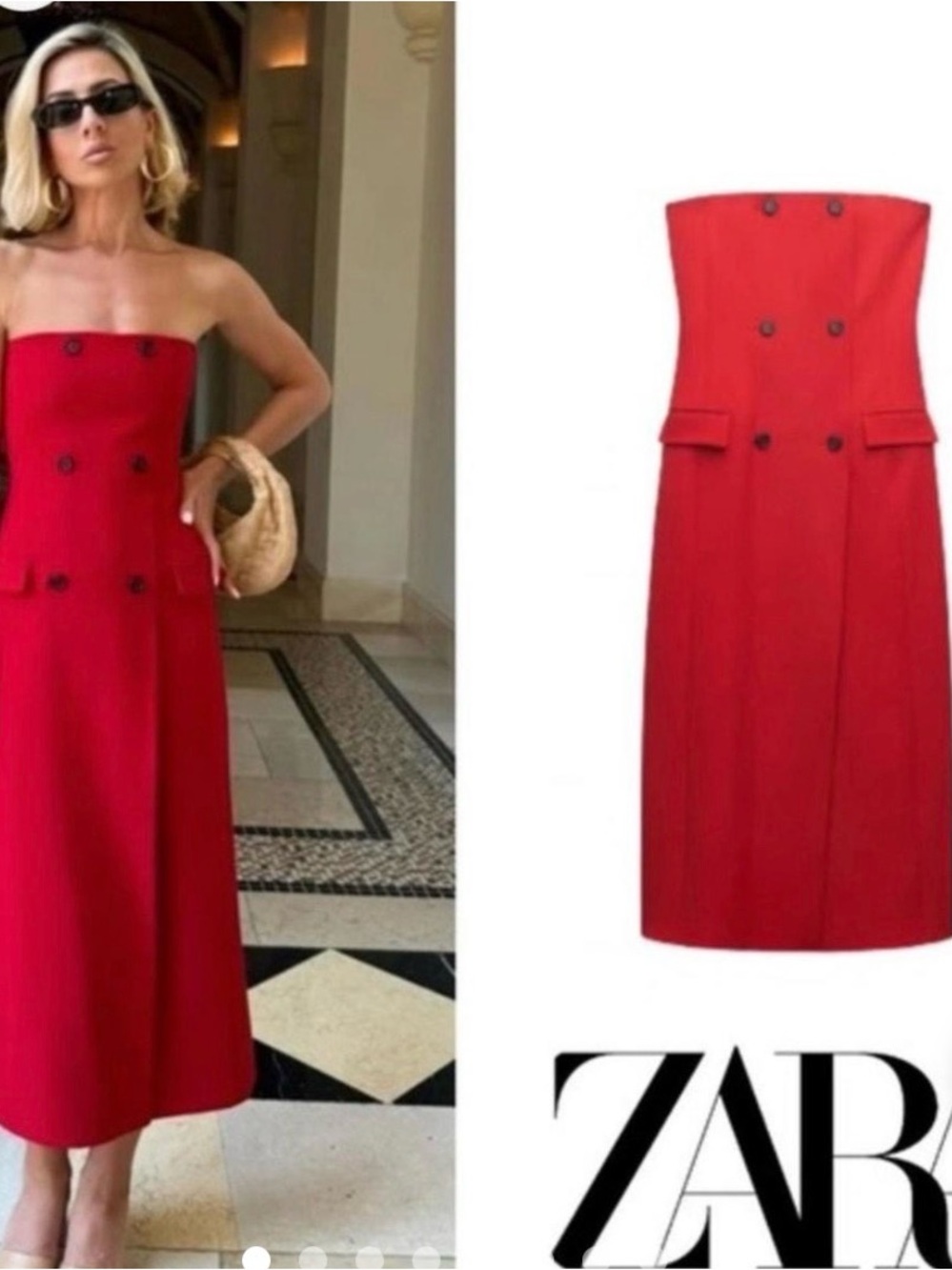 ZARA Red Strapless Double-Breasted Midi Dress